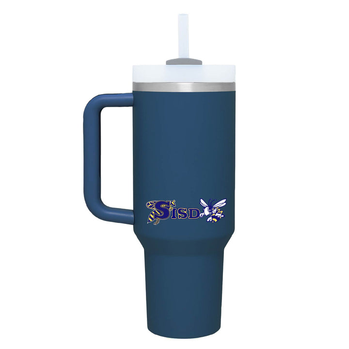 This is an insulated engraved stainless steel tumbler with a handle. The color image is the Stephenville ISD logo. The cup is denim in color.