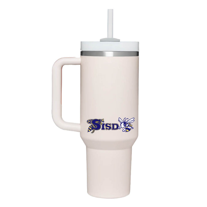 This is an insulated engraved stainless steel tumbler with a handle. The color image is the Stephenville ISD logo. The cup is rose quartz in color.