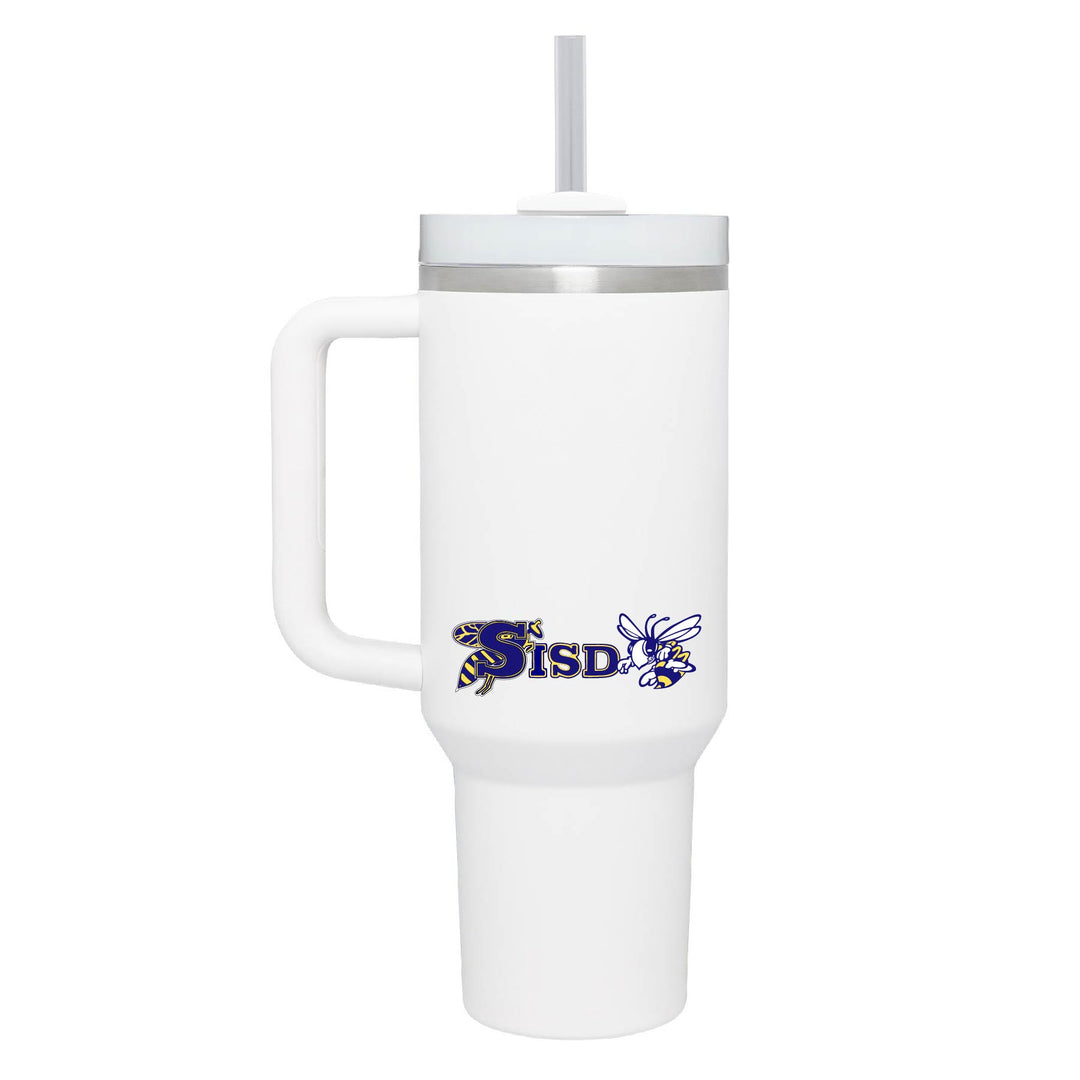 This is an insulated engraved stainless steel tumbler with a handle. The color image is the Stephenville ISD logo. The cup is white in color.
