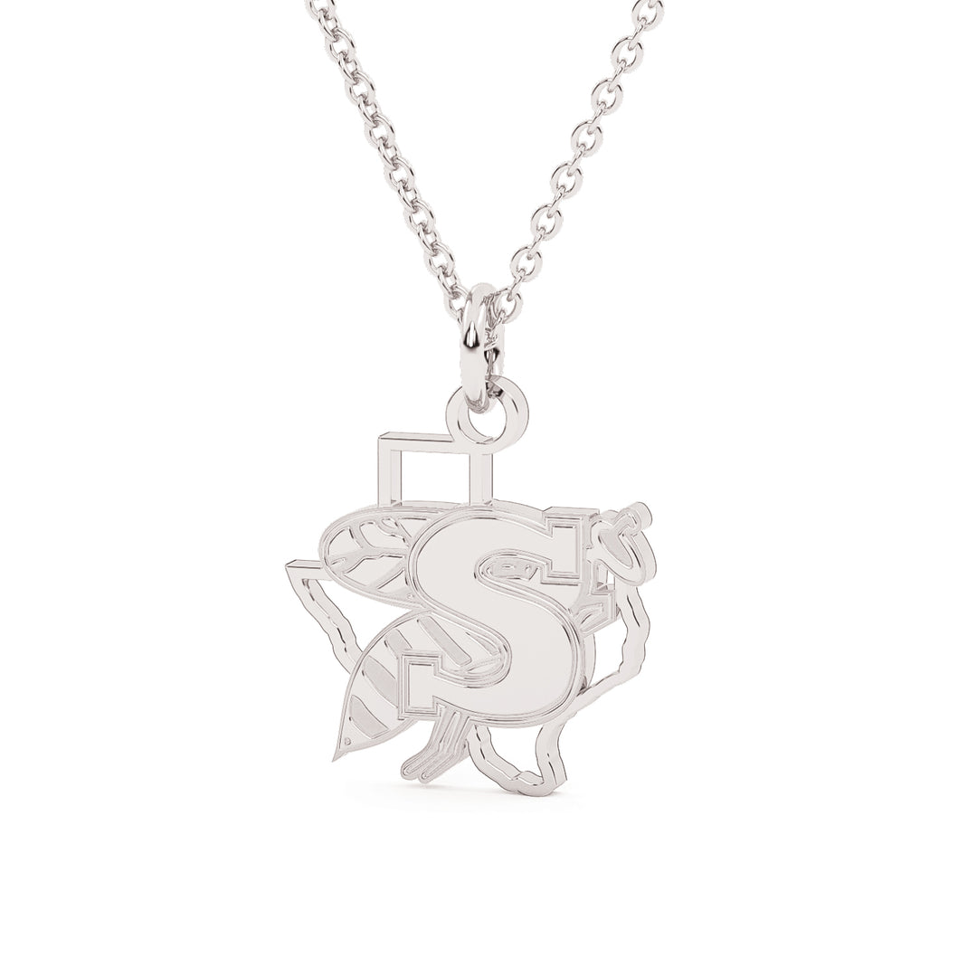 This is a Stephenville ISD Yellowjacket in Texas pendant made in stainless steel in a white gold color. 