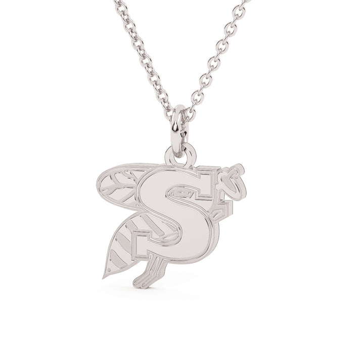 This is a Stephenville ISD Yellowjacket pendant made in stainless steel in a white color. 