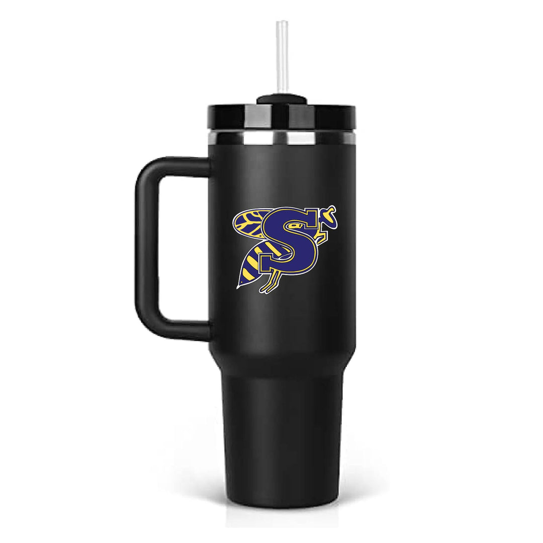 This is an insulated engraved stainless steel tumbler with a handle. The color image is the Stephenville Yellow Jackets logo. The cup is black in color.
