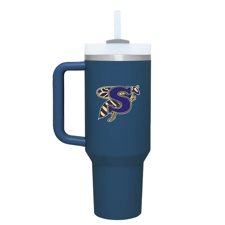 This is an insulated engraved stainless steel tumbler with a handle. The color image is the Stephenville Yellow Jackets logo. The cup is denim in color.