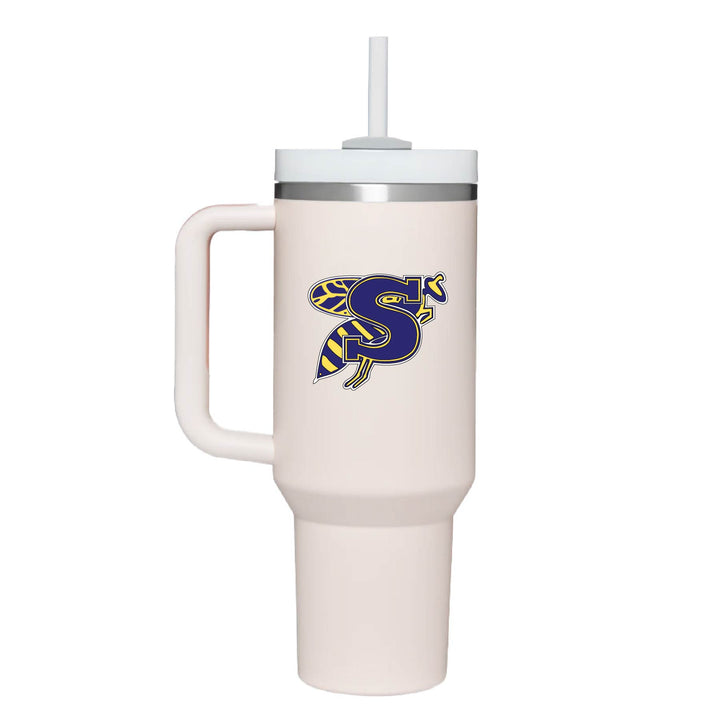 This is an insulated engraved stainless steel tumbler with a handle. The color image is the Stephenville Yellow Jackets logo. The cup is rose quartz in color.