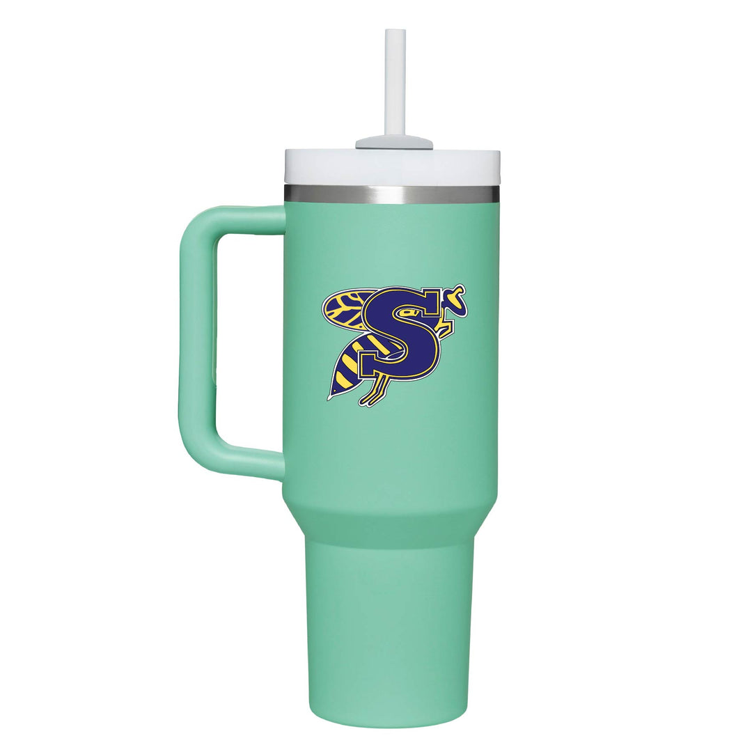 This is an insulated engraved stainless steel tumbler with a handle. The color image is the Stephenville Yellow Jackets logo. The cup is teal in color.
