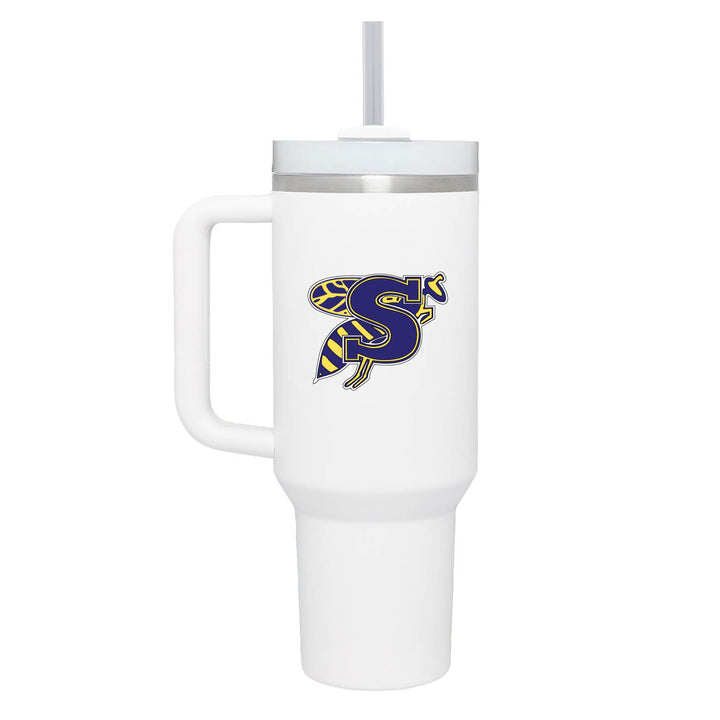 This is an insulated engraved stainless steel tumbler with a handle. The color image is the Stephenville Yellow Jackets logo. The cup is white in color.