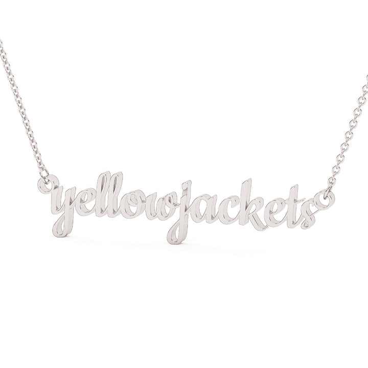 This is a Stephenville ISD pendant made from the word yellowjackets in a script font made in stainless steel in a white gold color. 