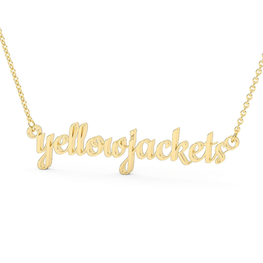This is a Stephenville ISD pendant made from the word yellowjackets in a script font made in stainless steel in a gold color. 