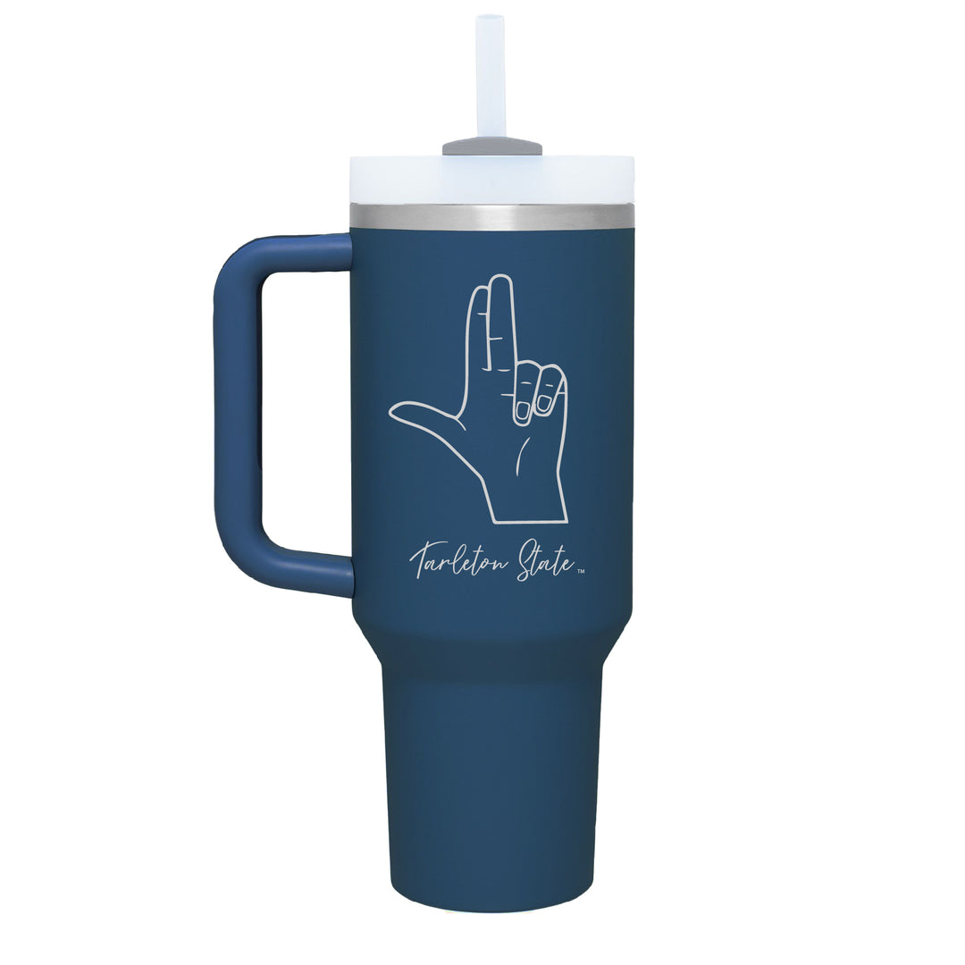 Stainless denim colored handle tumbler with the Tarleton Handsign in script engraved on the front.