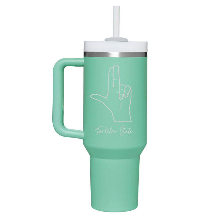 Stainless teal colored handle tumbler with the Tarleton Handsign in script engraved on the front.