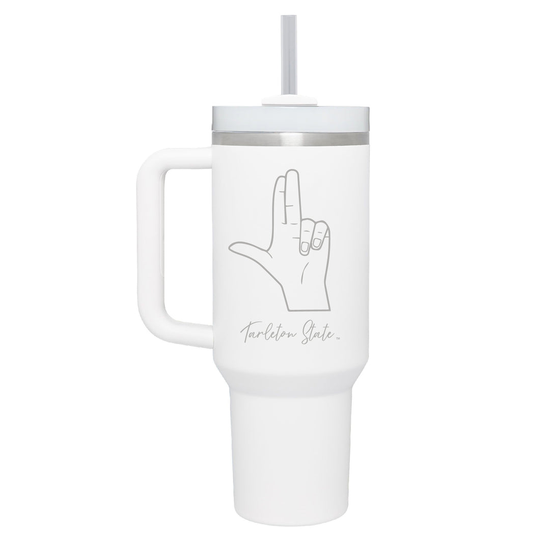Stainless white colored handle tumbler with the Tarleton Handsign in script engraved on the front.
