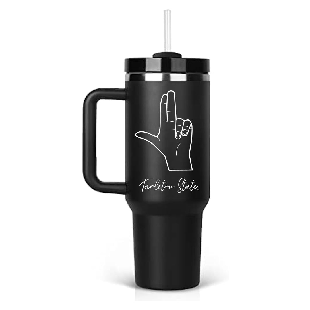 This black powder coated stainless steel insulated tumbler features a straw, lid, and handle. The front features an engraved design of the Tarleton Spirit Gesture hand sign with "Tarleton State" engraved in script underneath. 