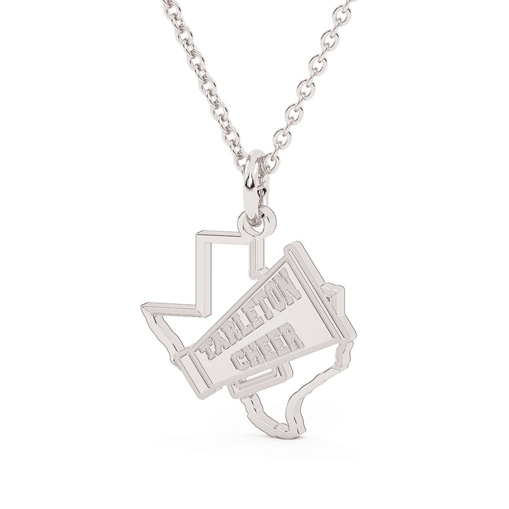 This is a texas outline pendant with a megaphone over the top featuring the words "Tarleton Cheer". This piece is white. 