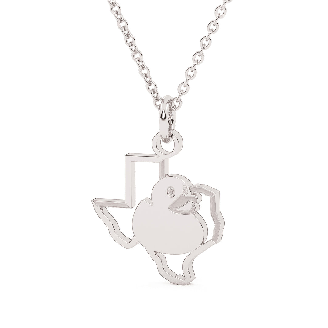 This is a stainless steel pendant with the outline of the state of Texas with a duck sitting inside. White in color. 