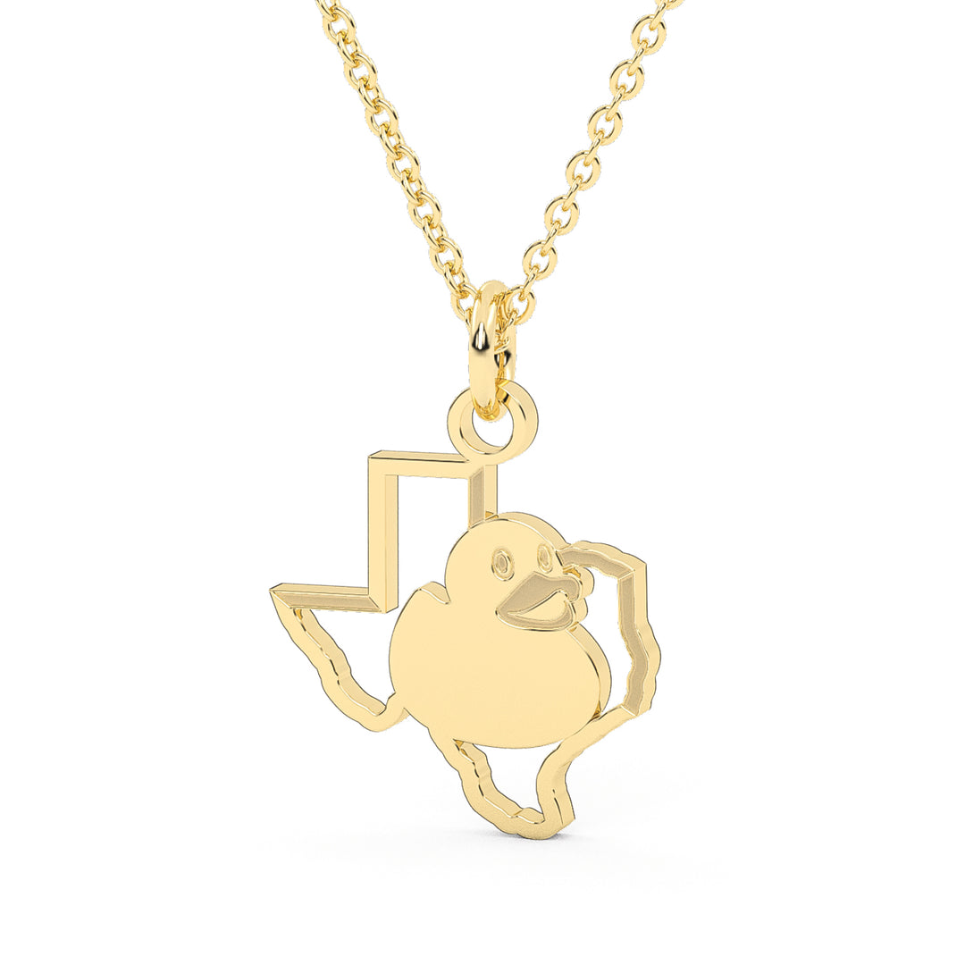 This is a stainless steel pendant with the outline of the state of Texas with a duck sitting inside. Yellow in color. 