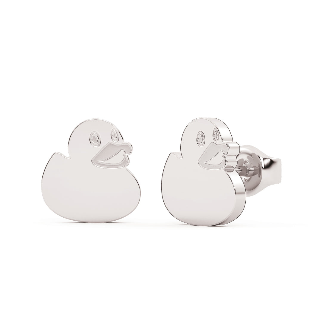 This is the primary view looking straight on at a pair of duck shaped stud earrings in white stainless. 