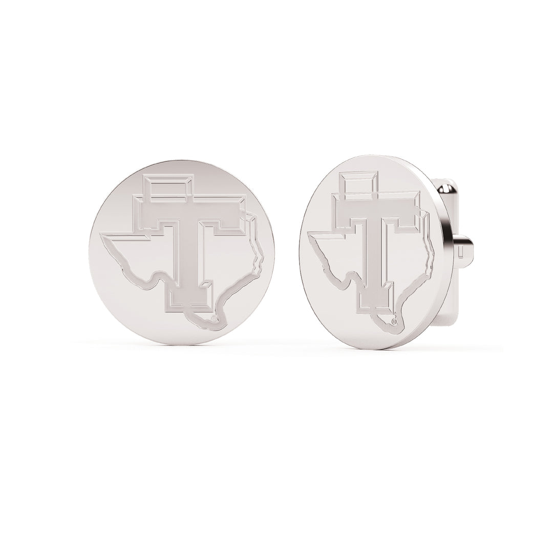 White gold stainless steel cufflinks disc with the Tarleton Power T engraved on them. 