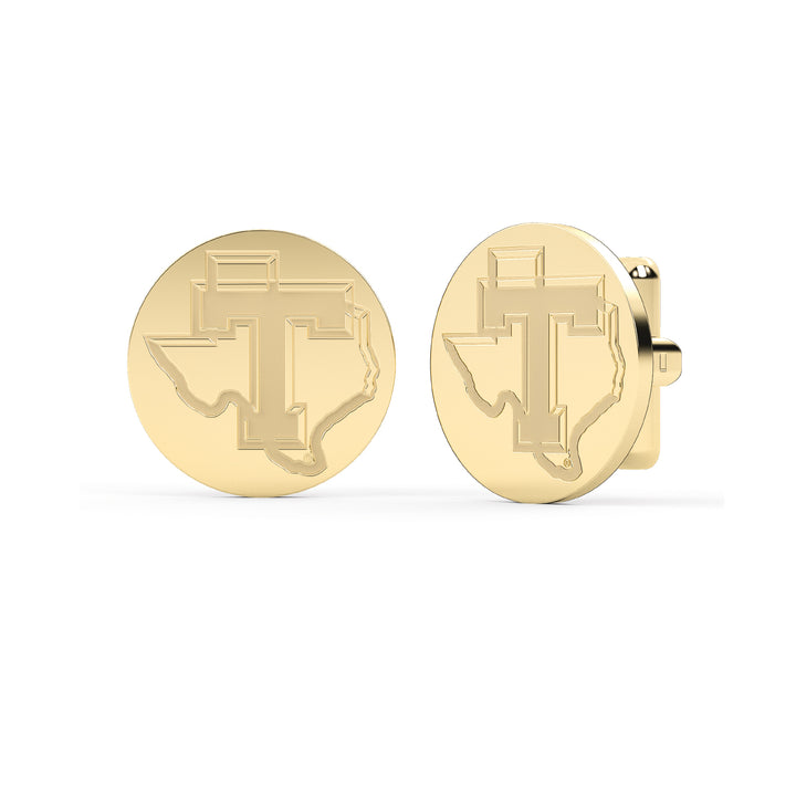 Yellow gold stainless steel cufflinks disc with the Tarleton Power T engraved on them. 