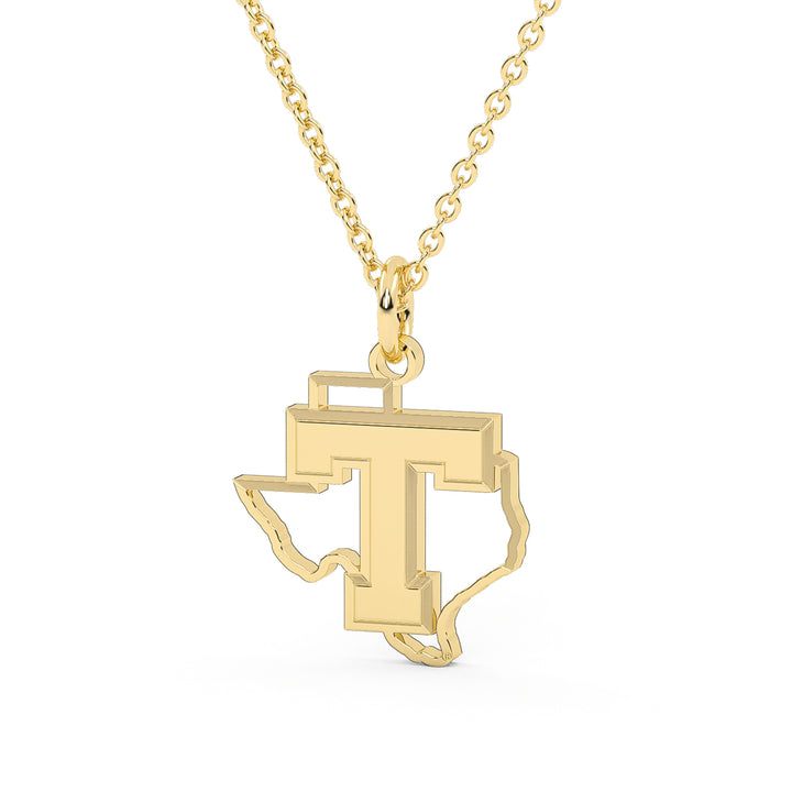 This is the power T in Texas logo made into a dainty yellow stainless pendant. 