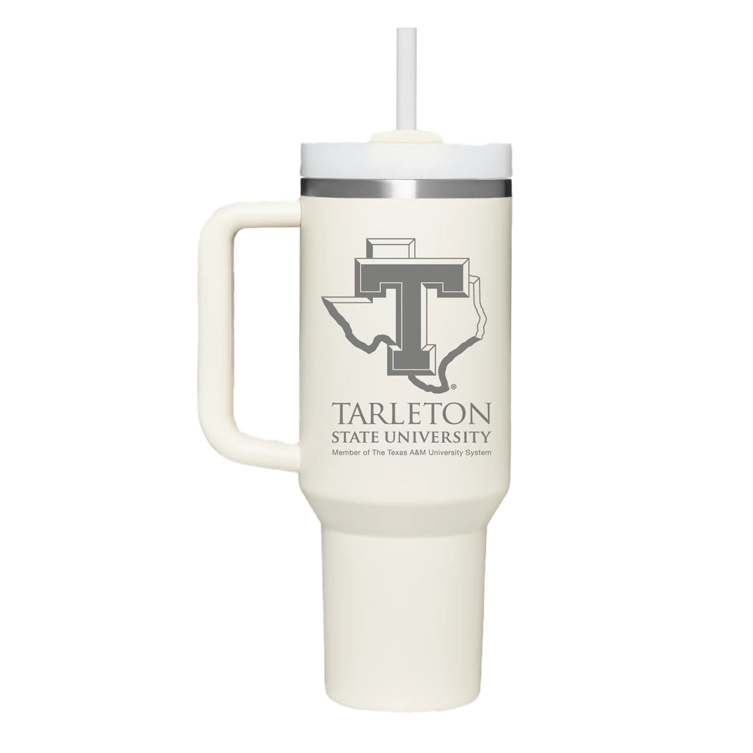 Stainless Cream Colored handle tumbler with the Power T engraved on the front.