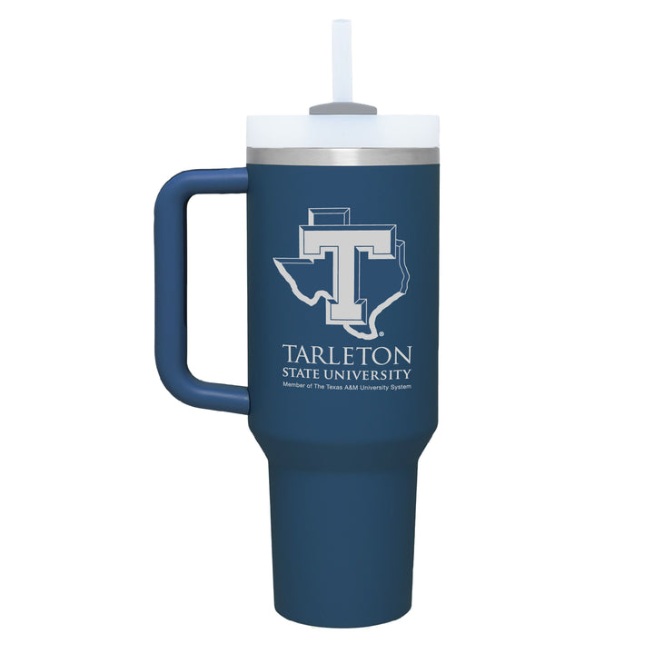 Stainless denim colored handle tumbler with the Power T engraved on the front.