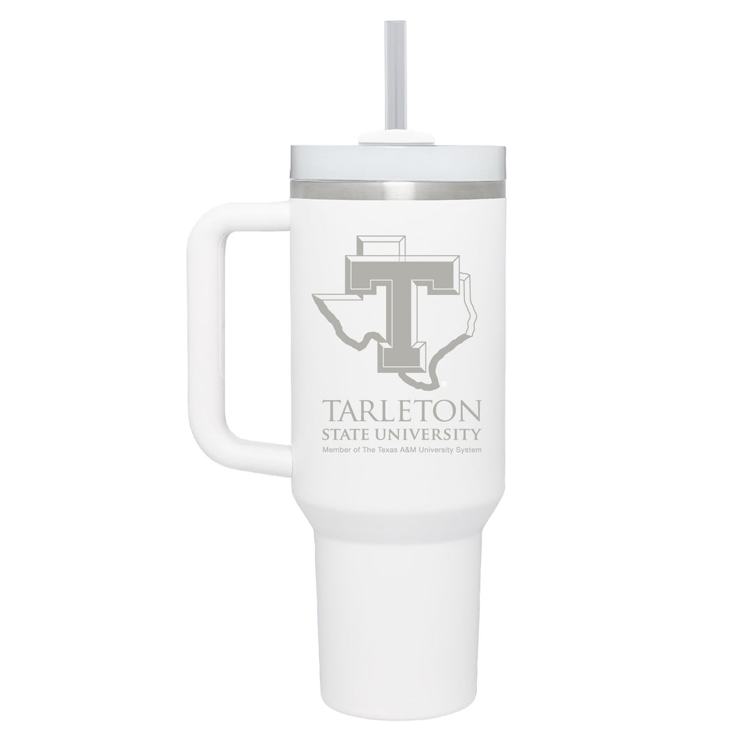 Stainless white colored handle tumbler with the Power T engraved on the front.