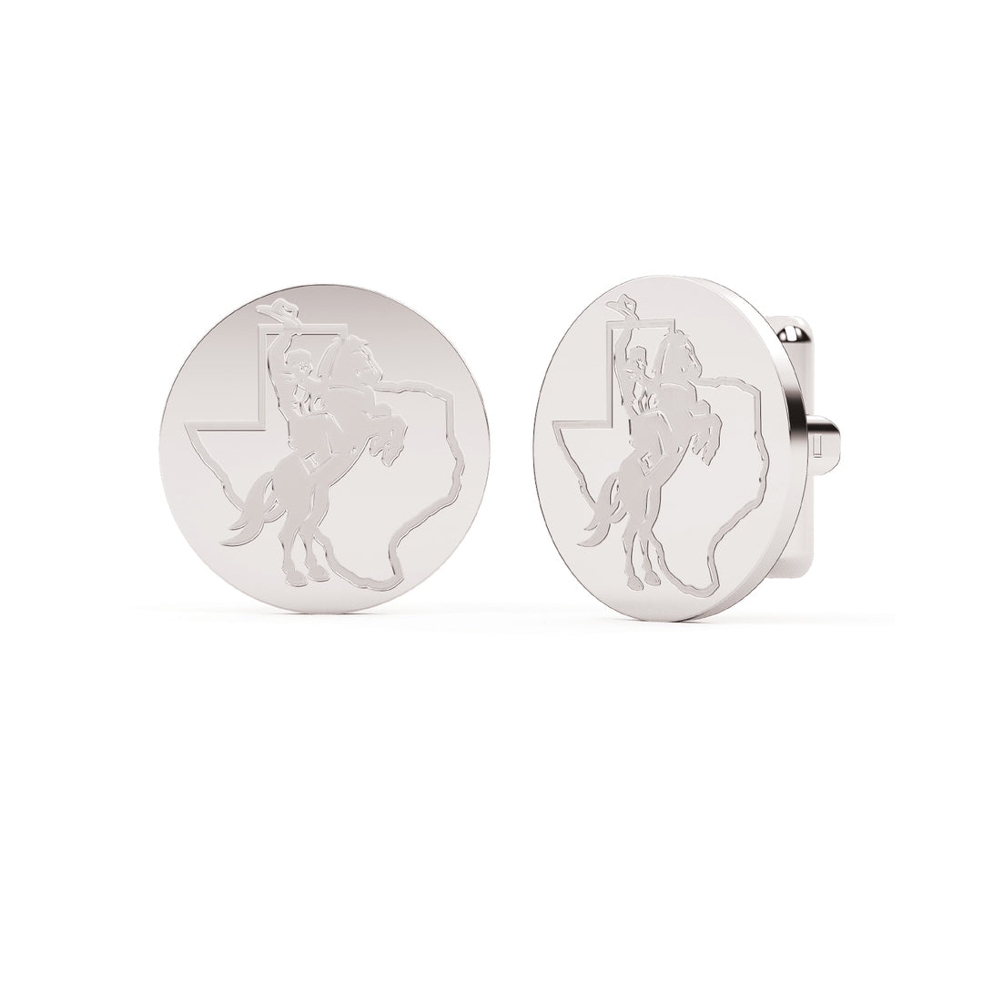 White gold stainless steel cufflinks disc with the Tarleton Texan Rider engraved on them. 