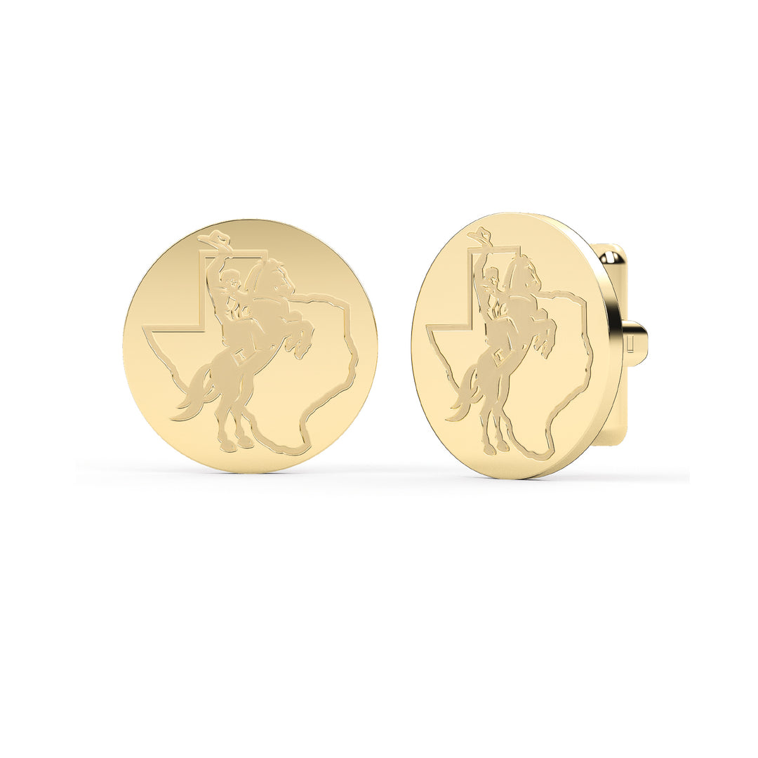 Yellow gold stainless steel cufflinks disc with the Tarleton Texan Rider engraved on them. 