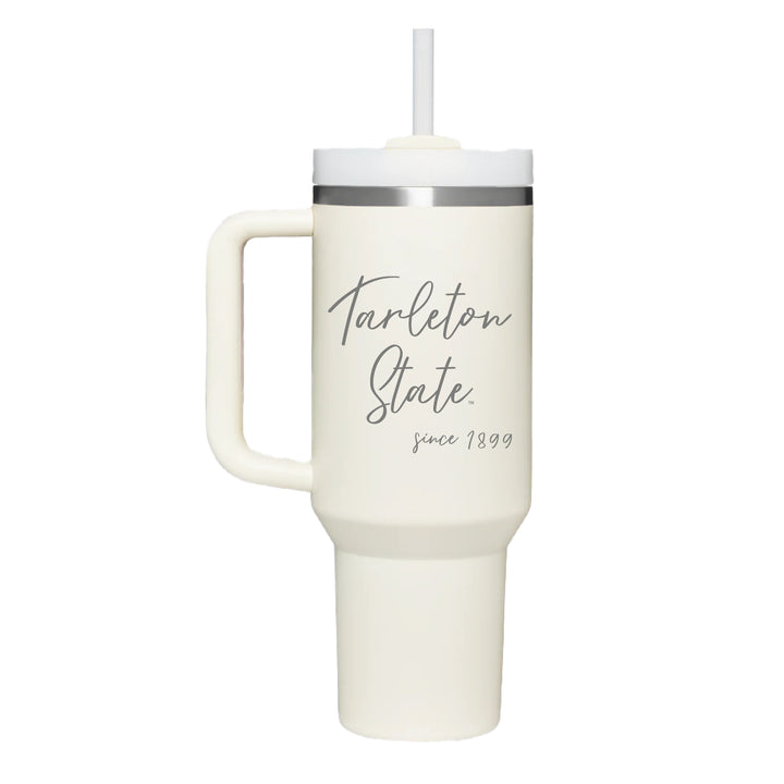 Stainless cream colored handle tumbler with "Tarleton State since 1899" in script engraved on the front.