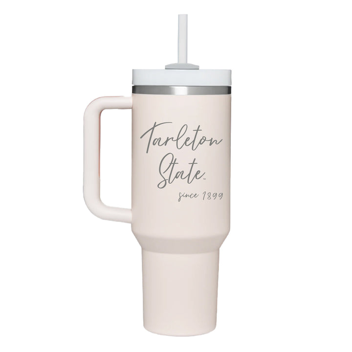 Stainless rose quartz colored handle tumbler with "Tarleton State since 1899" in script engraved on the front.