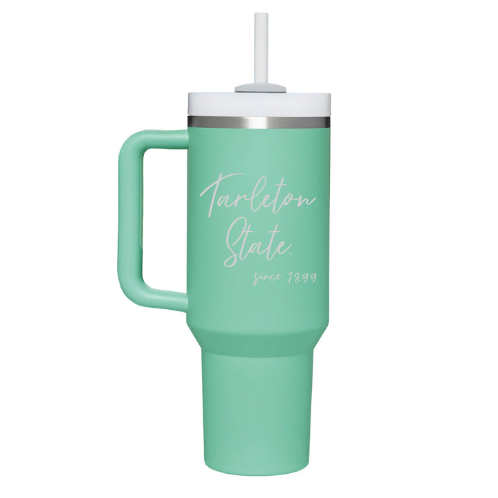 Stainless teal colored handle tumbler with "Tarleton State since 1899" in script engraved on the front.