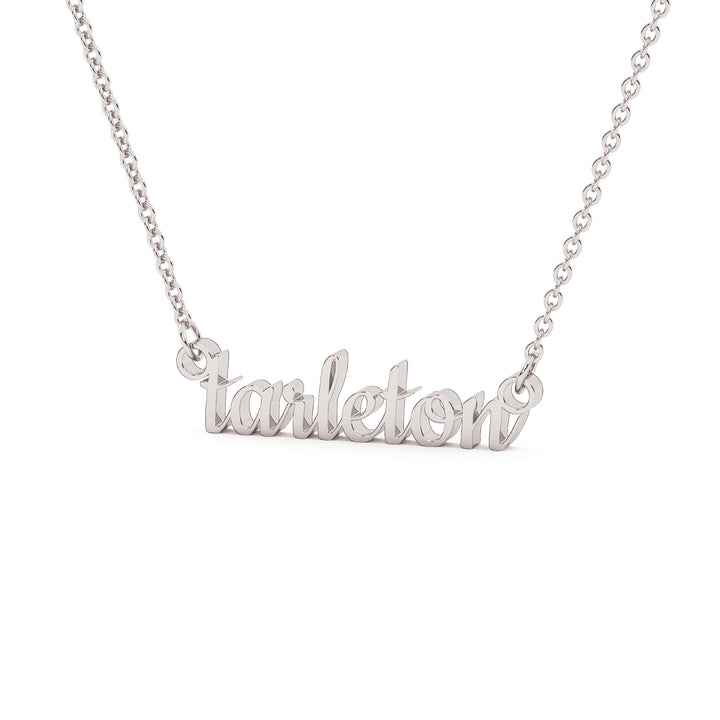 This is a script font of the word tarleton made as an attached necklace in a white stainless.