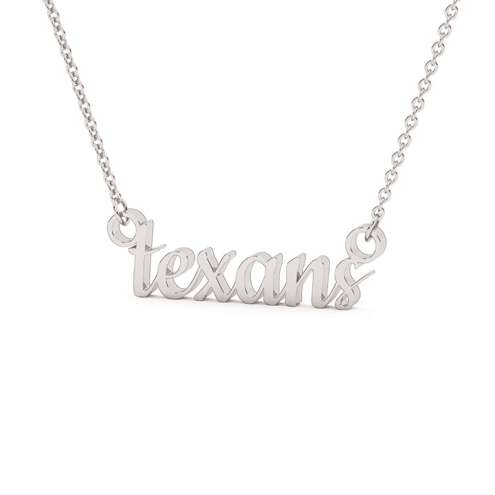 This is a script font of the word texans made into an attached stainless steel necklace in a white color. 