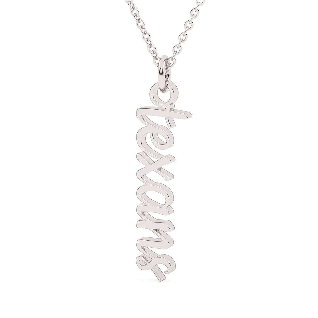 This is a script font of the word texans turned into a drop style pendant in a white color. 
