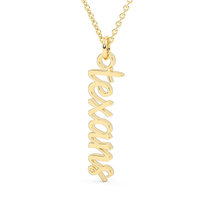This is a script font of the word texans turned into a drop style pendant in a yellow color. 
