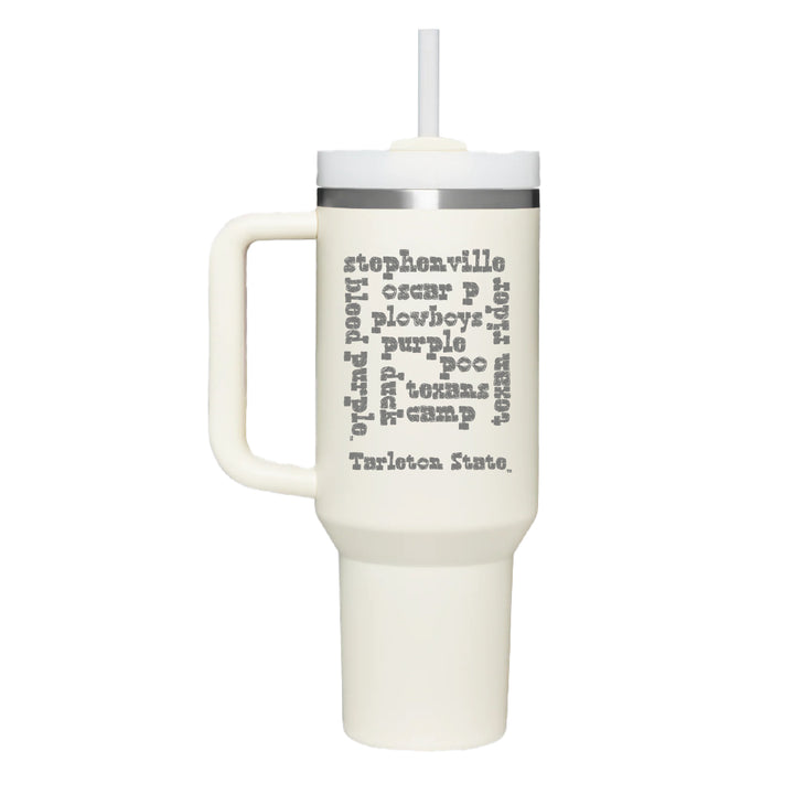 Stainless cream colored handle tumbler with a Tarleton word jumble engraved on the front.