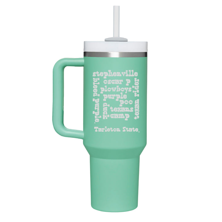 Stainless teal colored handle tumbler with a Tarleton word jumble engraved on the front.