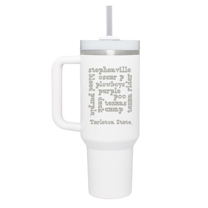 Stainless white colored handle tumbler with a Tarleton word jumble engraved on the front.