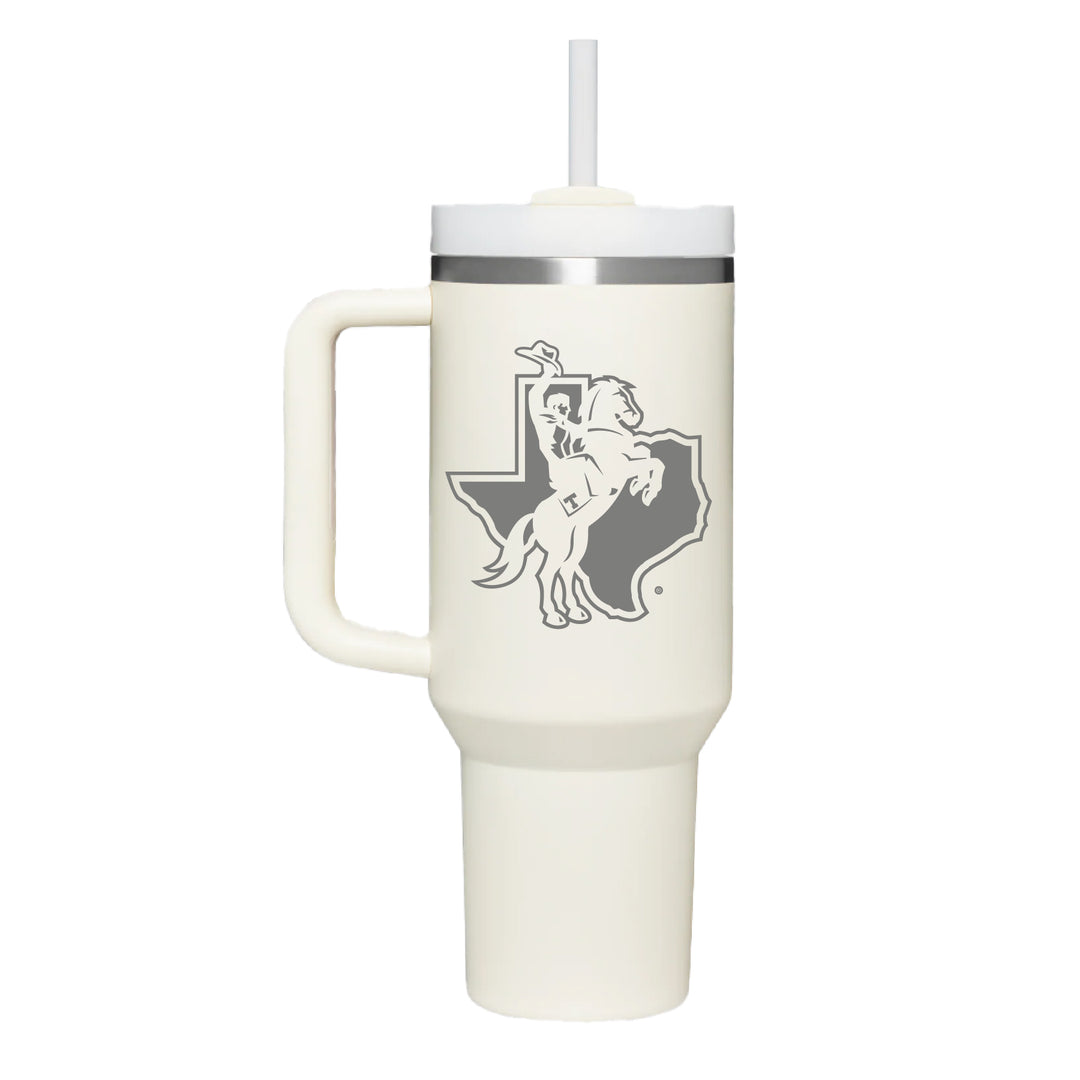 Stainless cream colored handle tumbler with the Texan rider in Texas engraved on the front.