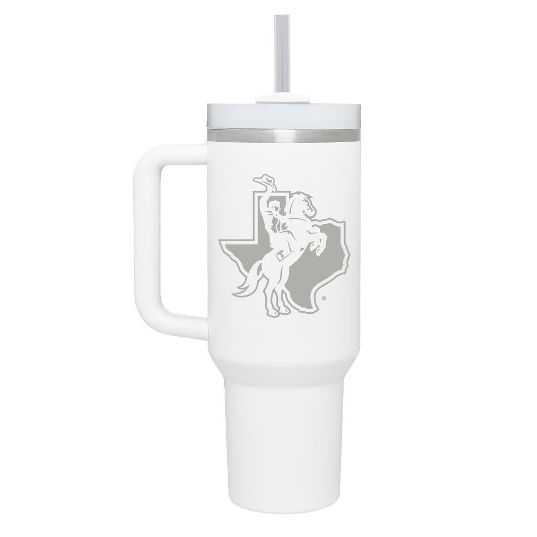 Stainless white colored handle tumbler with the Texan rider in Texas engraved on the front.