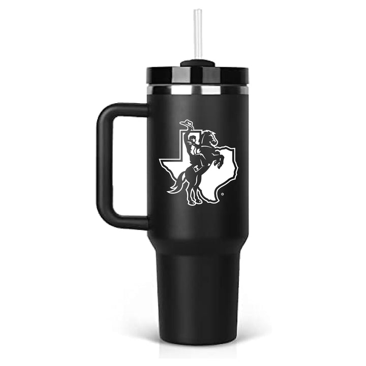 This is a black powder coated stainless steel tumbler with the Tarleton Texan Rider in the State of Texas engraved on the front. 