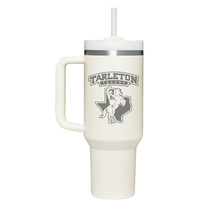 Stainless cream colored handle tumbler with the Tarleton Texans Rider Logo engraved on the front.