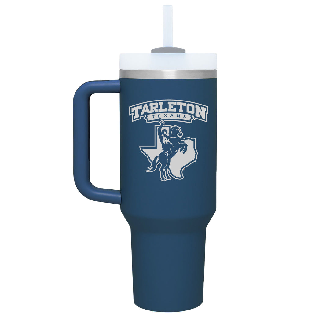 Stainless denim colored handle tumbler with the Tarleton Texans Rider Logo engraved on the front.