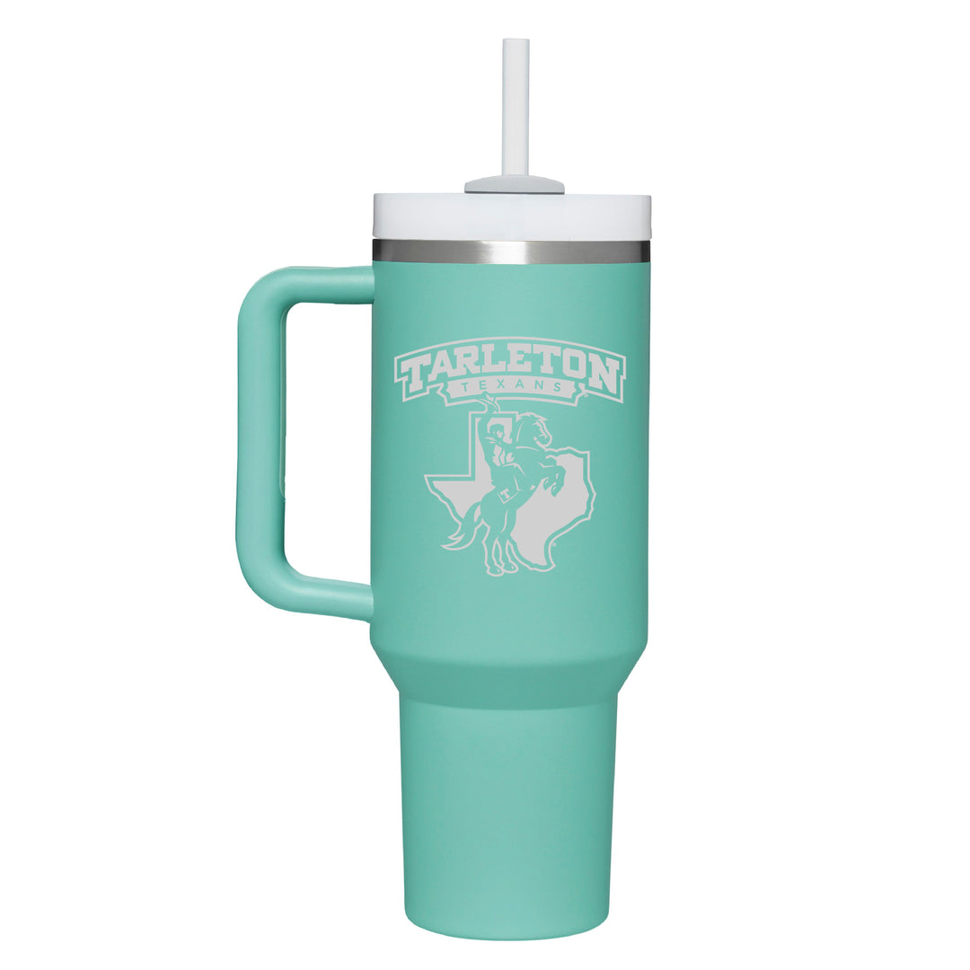 Stainless eucalyptus colored handle tumbler with the Tarleton Texans Rider Logo engraved on the front.