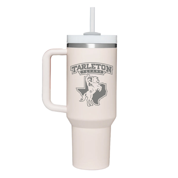 Stainless rose quartz colored handle tumbler with the Tarleton Texans Rider Logo engraved on the front.