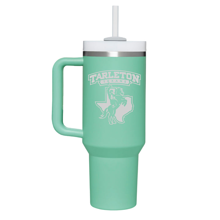 Stainless teal colored handle tumbler with the Tarleton Texans Rider Logo engraved on the front.