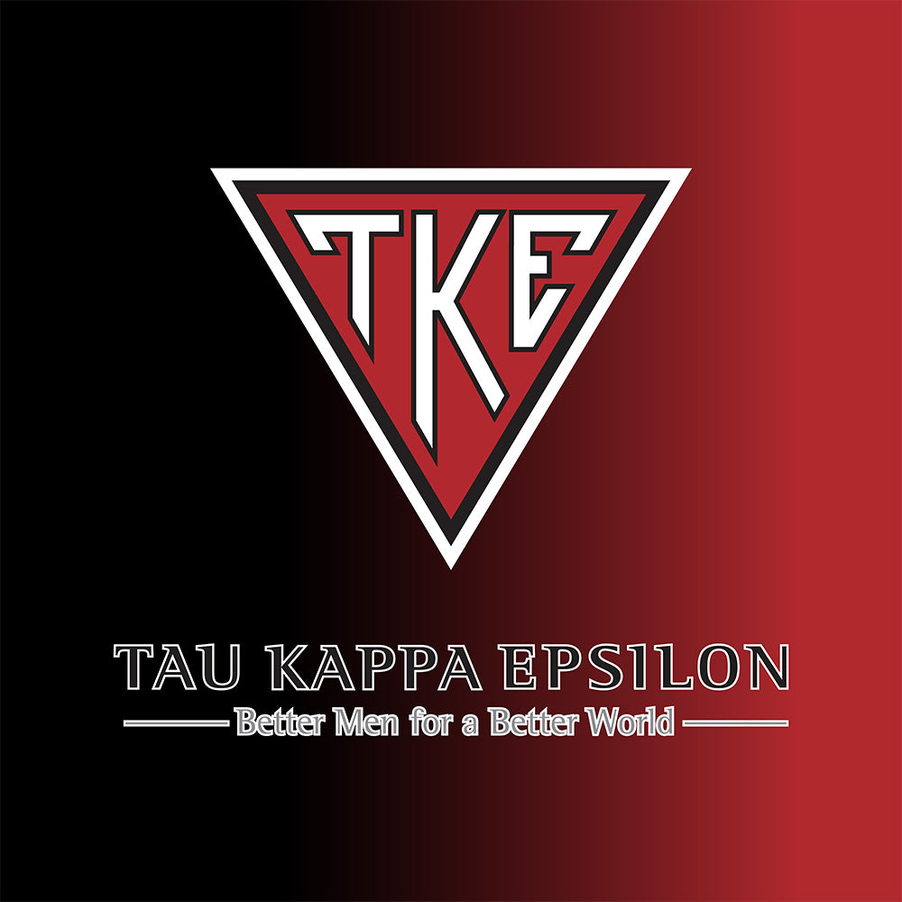 Tau Kappa Epsilon home page banner image with their logo on a red to black gradient background in square format. 