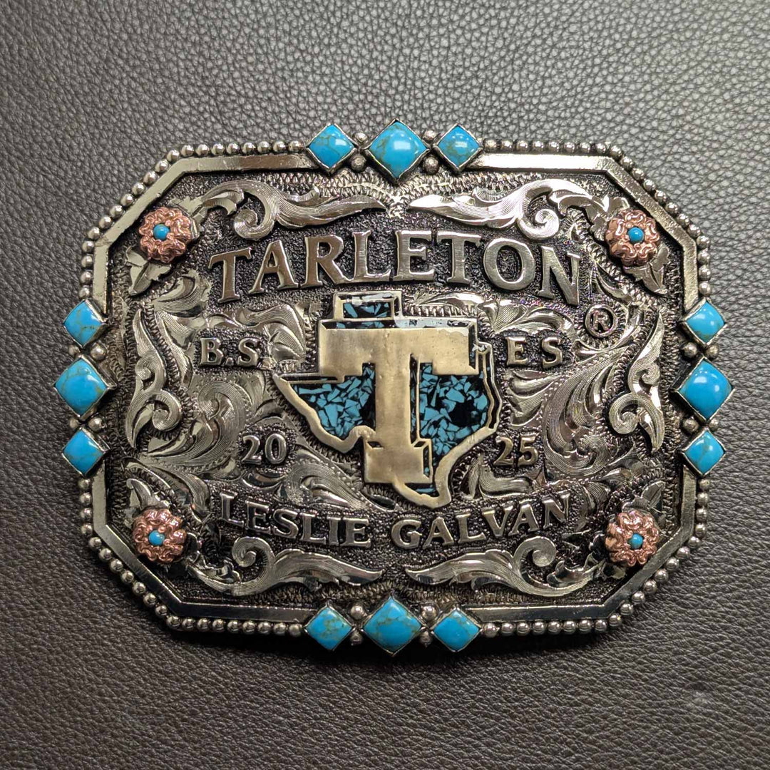 Tarleton State University Belt Buckle Design | Custom Western Belt Buckle | CIRCE Collections Local Custom Belt Buckle Maker | Tarleton Texan Belt Buckle